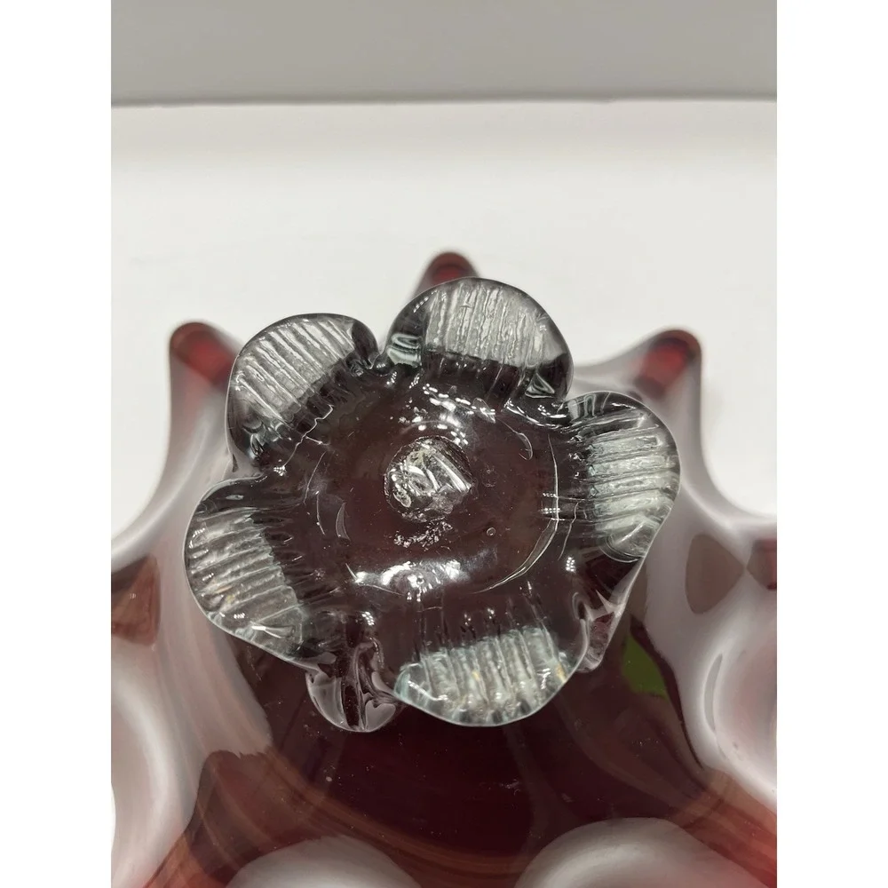 Vintage Art Glass Bowl Hand Blown Ruby Red Ruffle Edge Clear Pedestal  8.75x4